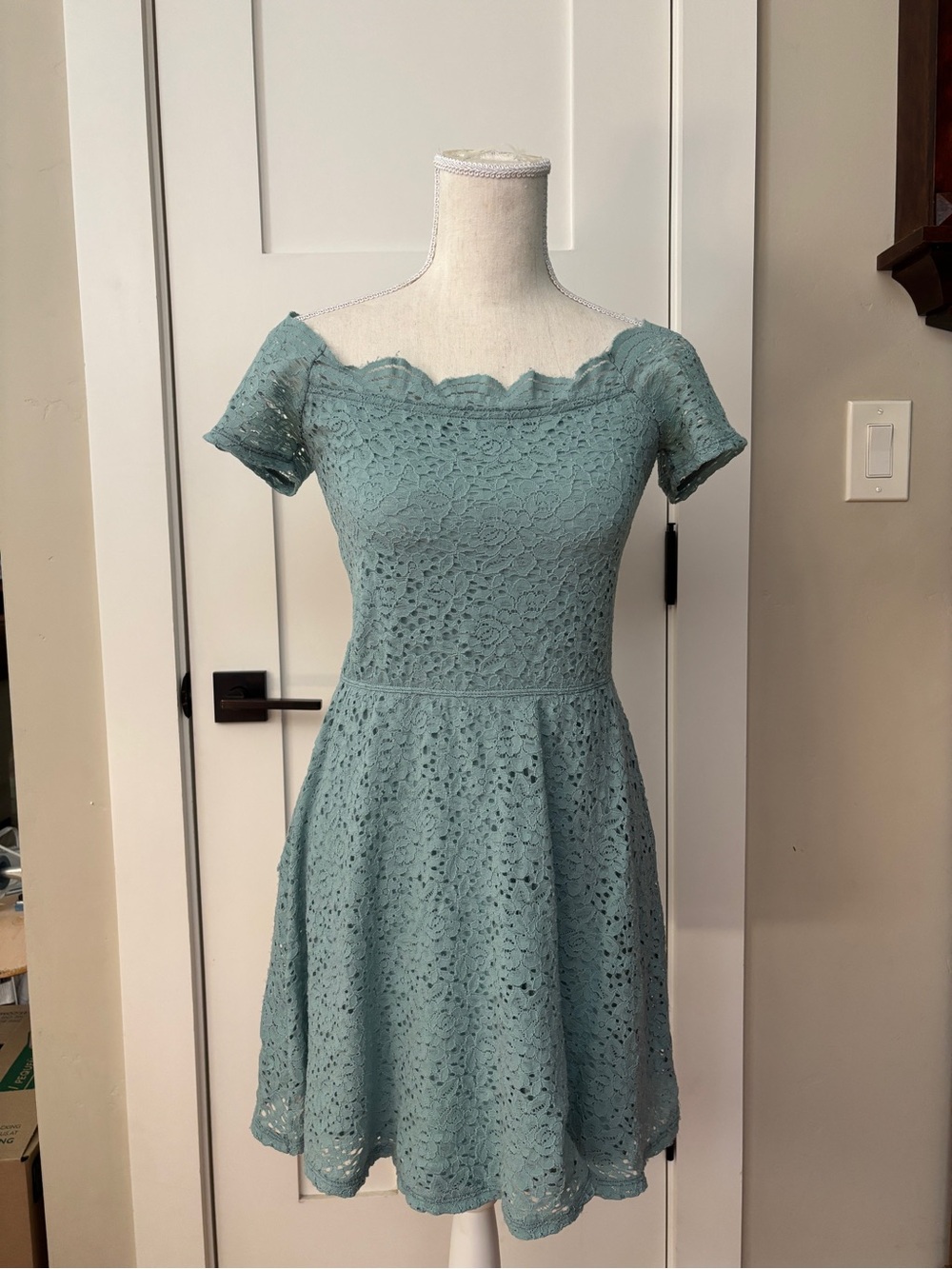Hollister Scalloped Off-Shoulder Lace Fit & Flare Dress in Dusty Teal